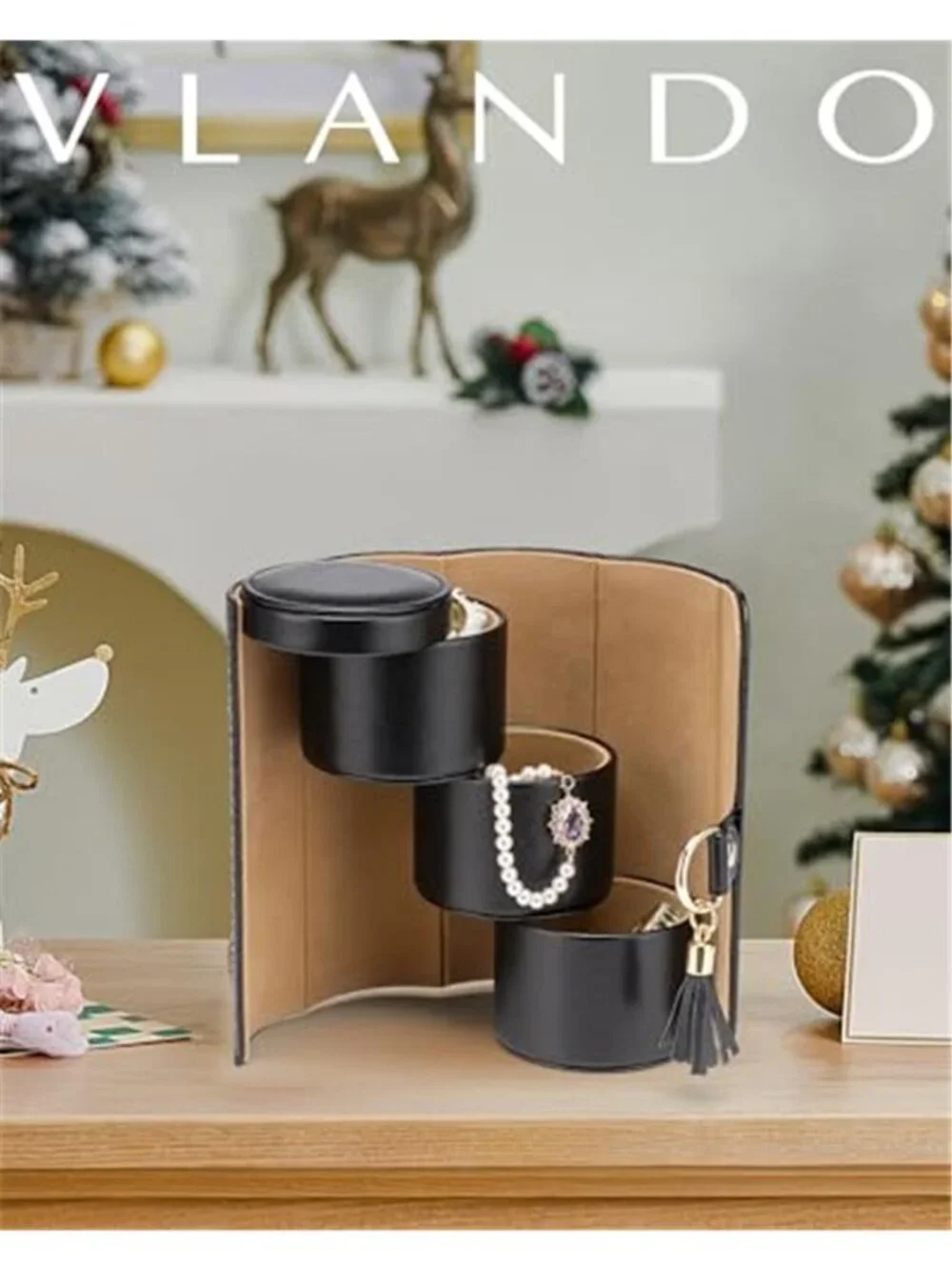 Black Leather Travel Jewelry Organizer Case Women Earring Necklace Watch